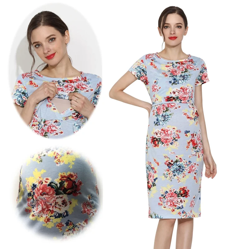 

Short Sleeve Maternity Dress Summer Floral Breastfeeding Nursing Clothes Lift Up Feeding Baby