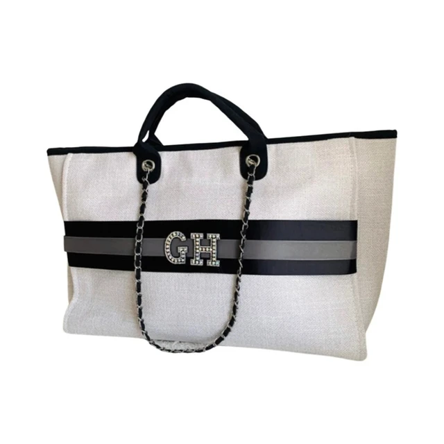 Large Luxury Custom Monogram Tote Bag, Canvas Chain Beach Shopping