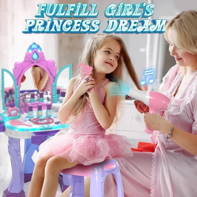 Kids Vanity Table Chair Set with Mirror Lights Music Pretend Makeup Dress Up Gift for Girls Age 3 4 5