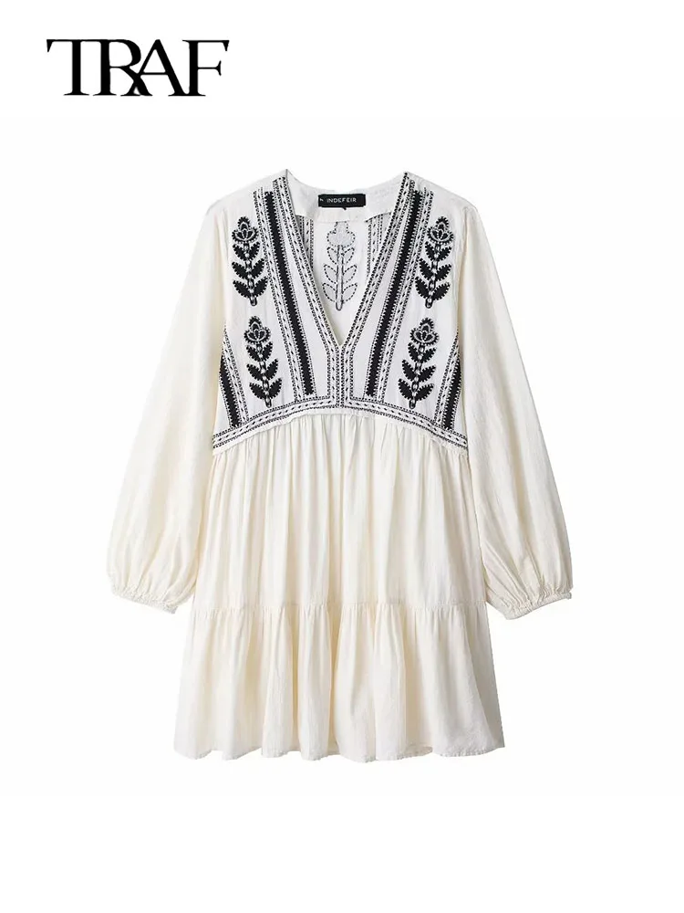 

TRAF Embroidered Dresses 2024 New Short Casual Loose Fitting Long Sleeved Dresses Women Holiday style Dress