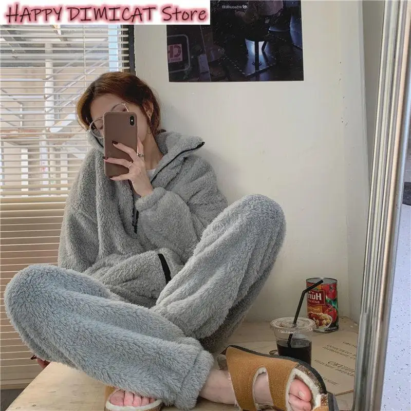Winter Thicken Warm Female Casual Korean Chic Pajama Set Women Sweet Turtleneck Sleepwear Solid Students Homewear Cozy All-Match