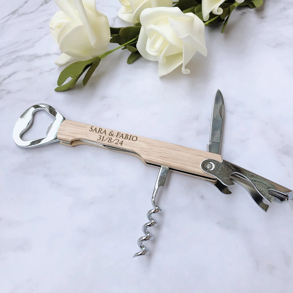 Artificial Rose LED Light Wooden Wine Bottle Stopper Personalized Wedding Party Favor Custom Engraved Wooden Wine Corkscrew & Beer Bottle Opener Wedding Gifts for Guests