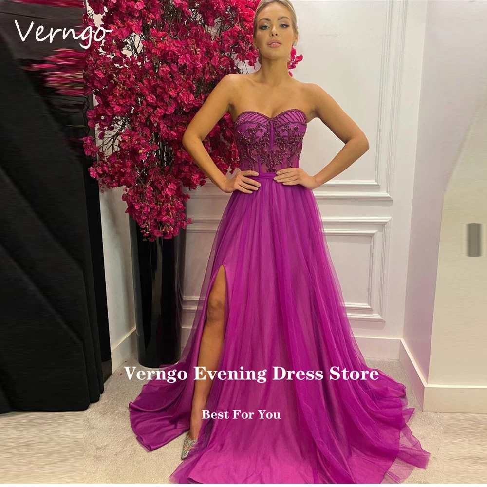 

Verngo Exquisite Embroidery Beads Purple Evening Dresses Sweetheart Split Tulle Long Prom Gowns Elegant Formal Party Occasion