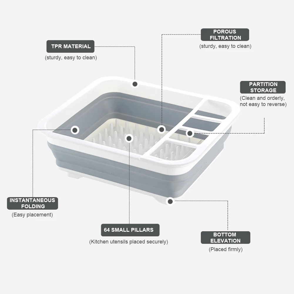 Collapsible Dish Drainer Dinnerware Organizer With Cutlery Divider Space Saving Kitchen Storage Tray for Compact Storage