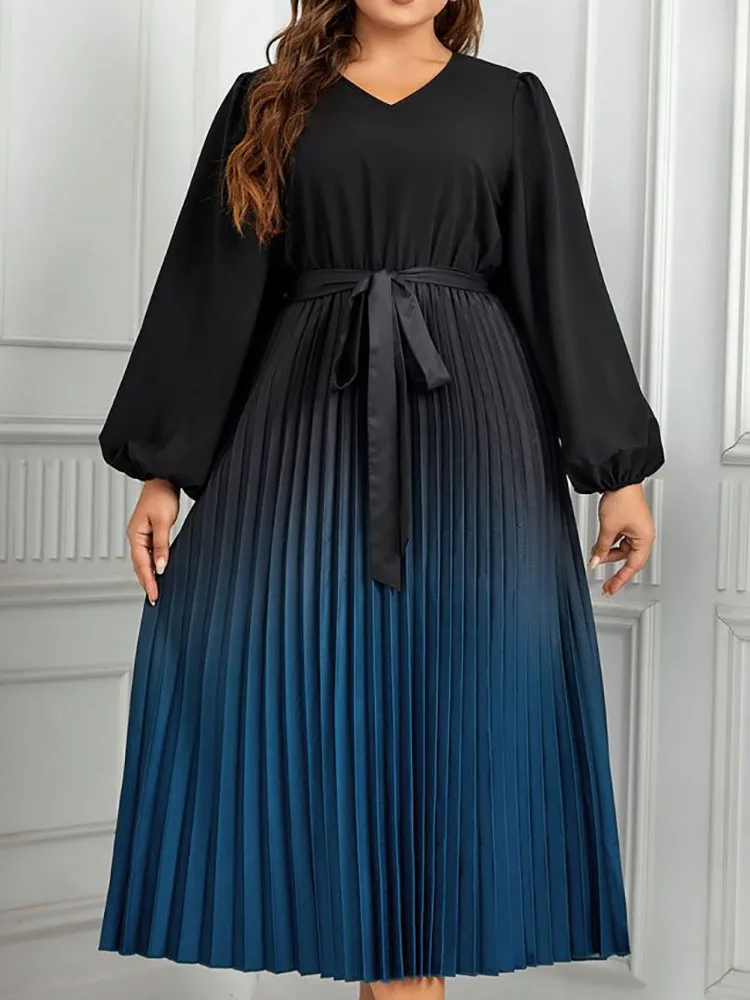 

Women's fashionable temperament new V-neck tie loose and slimming pleated gradient plus size lantern sleeve dress