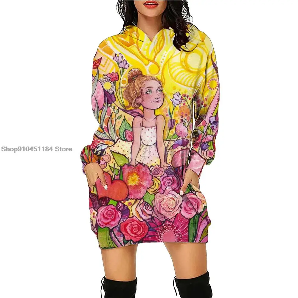 Women Oil Painting Print Loose Pocket  Hooded Dress Winter Loose Tees Winter Fall Hooded Vacation Clothing  Hooded Dress