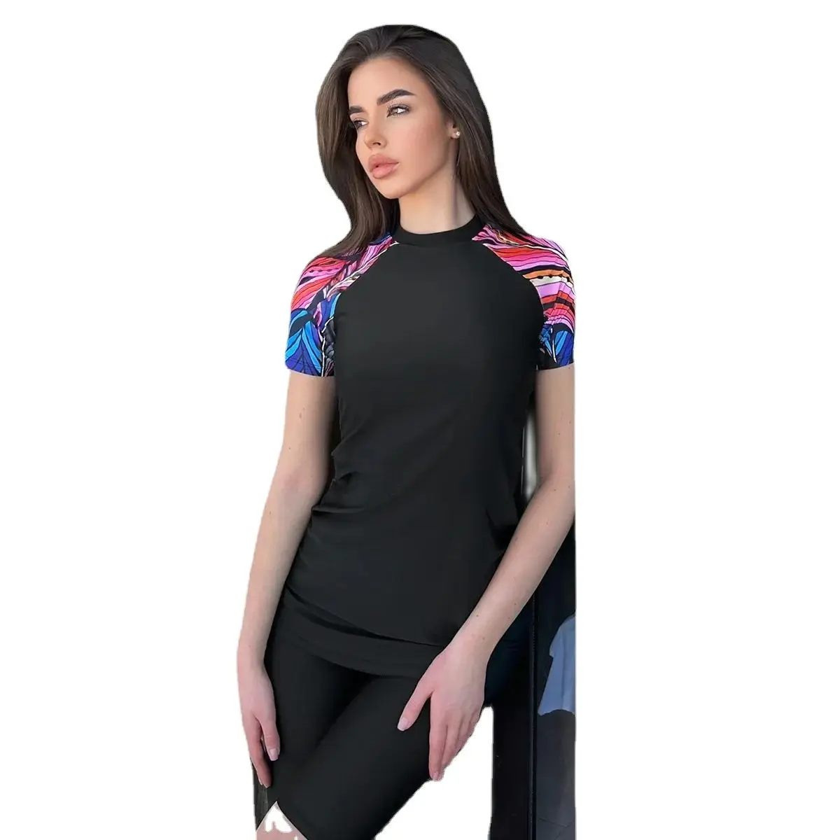 Burkini Swimming for Hijabis.New Arrival Muslim Floral Prints Short Sleeve and Pants Burkini Muslim Swimwear Set Burquini