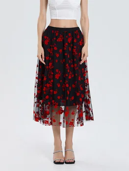 Women's Spring Summer Long Skirt Elastic Waist Floral Print A-line Tulle Skirt 1