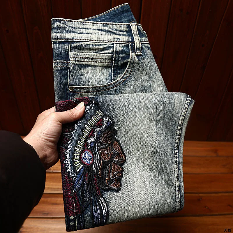 Indian embroidered jeans men's stretch fashion high-end men's slim fit ankle-tied trendy scratch street casual pants