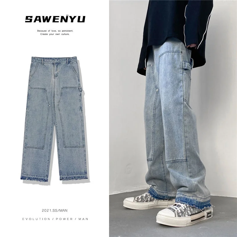 

Loose Washed Raw Jeans Trend Loose High Street Wide Leg Pants Hiphop Casual Overalls Oversize Mopping Straight Denim Trousers