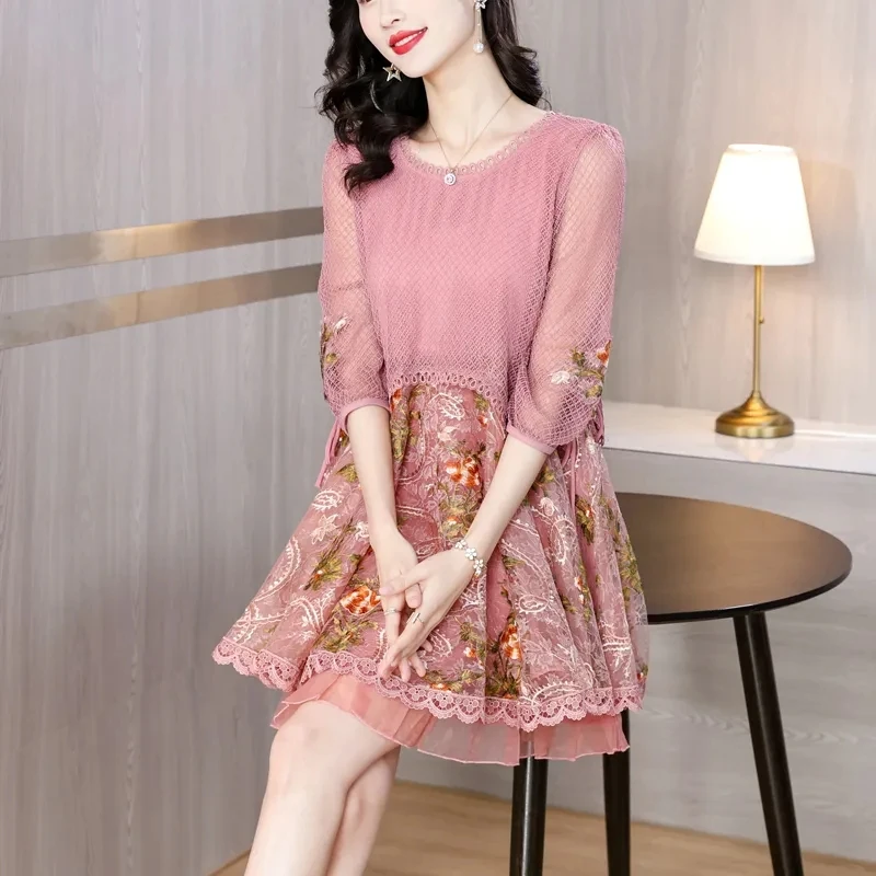 High-grade Mulberry Silk Women Dress 2024 Summer New Lace Mesh Embroidery  Dresses Ladies Elegant Fake Two Pieces Short Dress 4XL - AliExpress  200000345