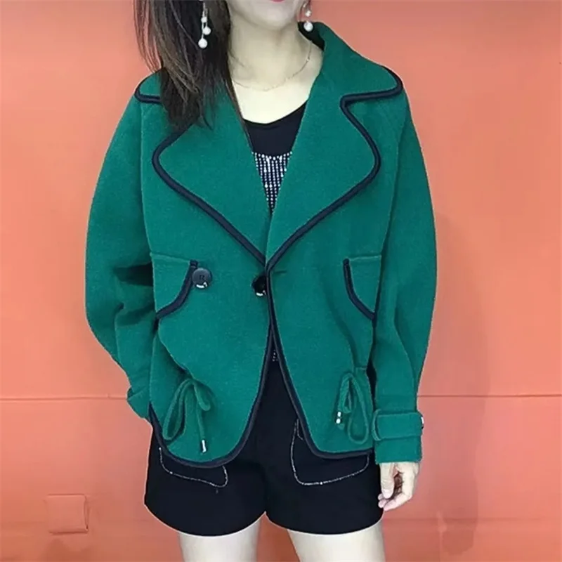 

Short Suit Collar Velvet Coat Women's Spring Autumn New Jacket Drawstring Waist Joker Cardigan Female Outerwear Fashion Tide Top
