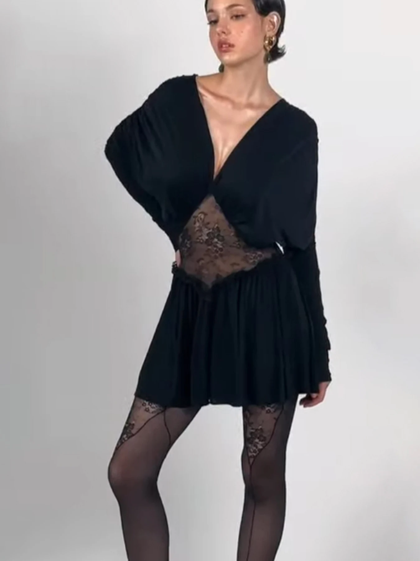 Nibber Elegant Mesh Patchwork Mini Dress Woman Autumn Trend V-Neck Full Sleeve Hot Girls Midnight Birthday Party Ruched Bodycon