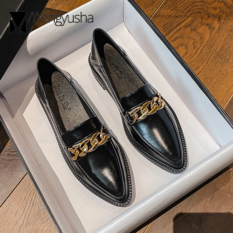 Plus Size 34-42 Oxford Shoes Woman Brand Loafers Leather Flats Chains Sneakers Trend Girls Lolita Medium Heels Flats Spring