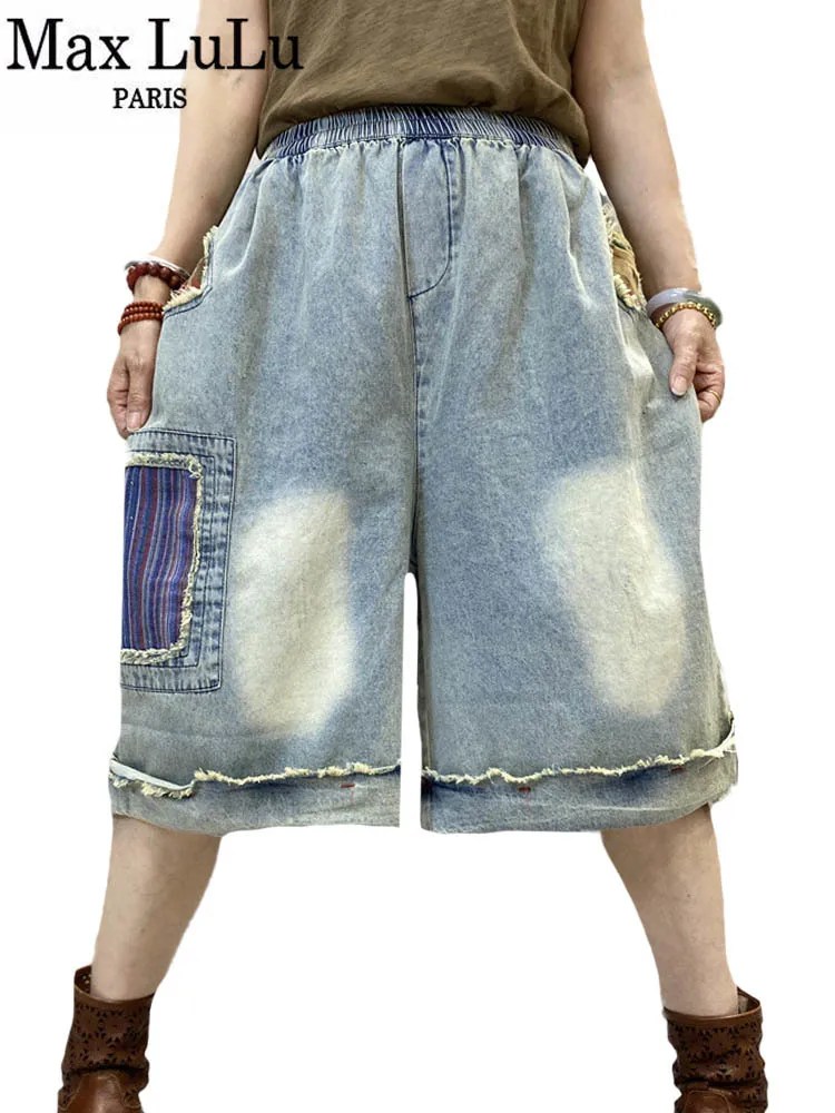 

Max LuLu Summer Fashion Japan Designer Women Vintage Large Wide Leg Jeans Elastic Ripped Trousers Punk Shorts Casual Loose Pants