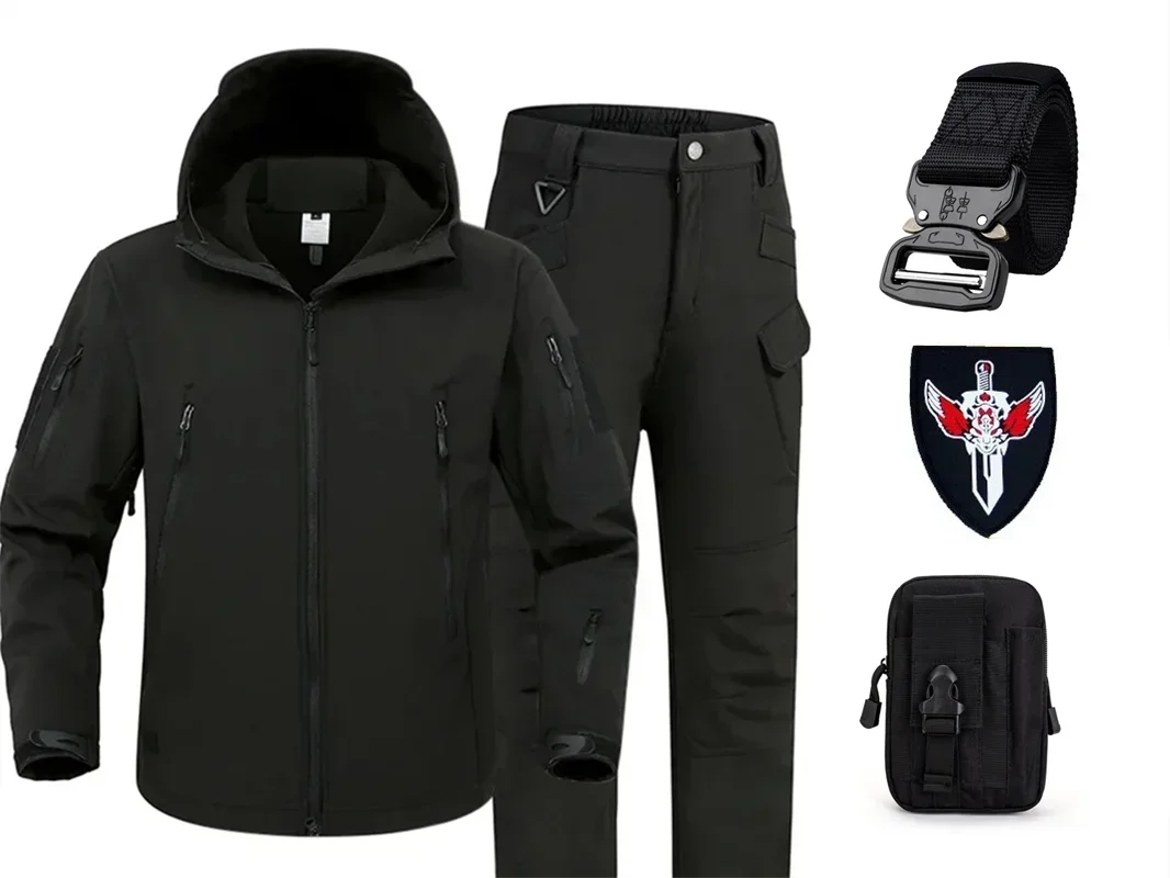 

Men's Outdoor Mountaineering Hunting Fishing Hiking Waterproof Windproof Plush Warm Hooded Set Army Tactical Soft Shell Set