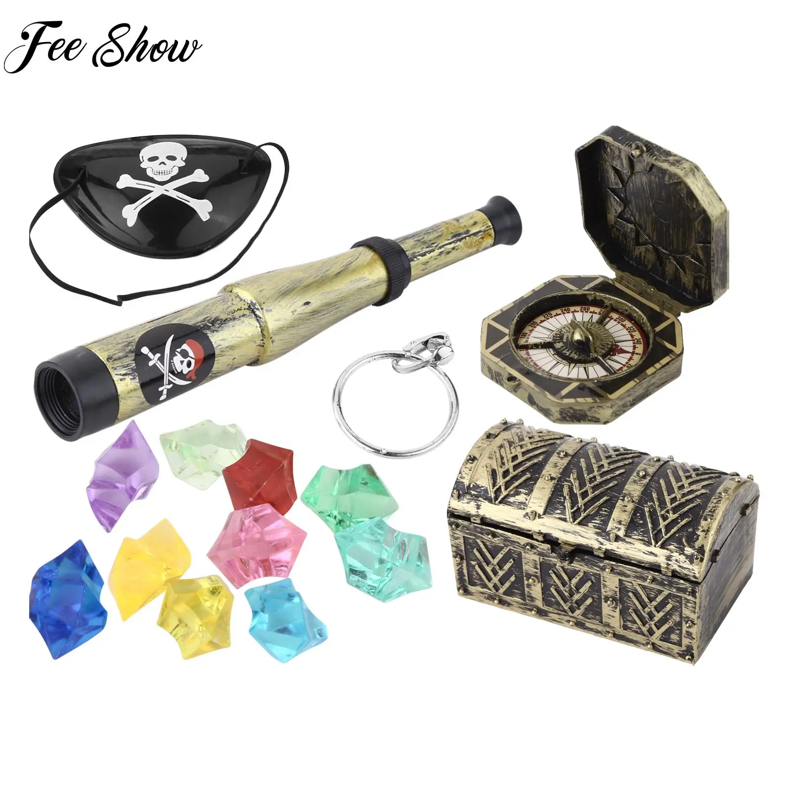 

Children Halloween Pirate Costume Party Accessories Compass Retro Telescope Eye Patch Gemstones Earring Treasure Box Props