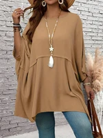Plus size solid color khaki women round neck bat wing sleeves loose shirt waterfall top