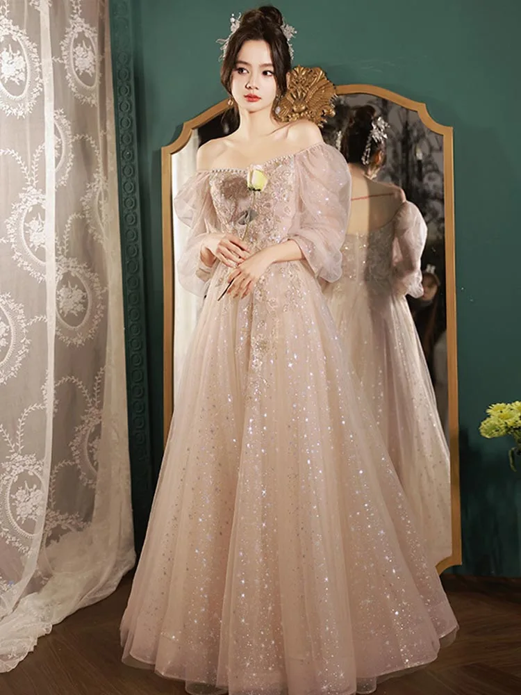 

Women's Prom Gowns Exquisite Pearls Appliques Long Sleeve Banquet Dresses 2023 Retro Long Formal Party Dress