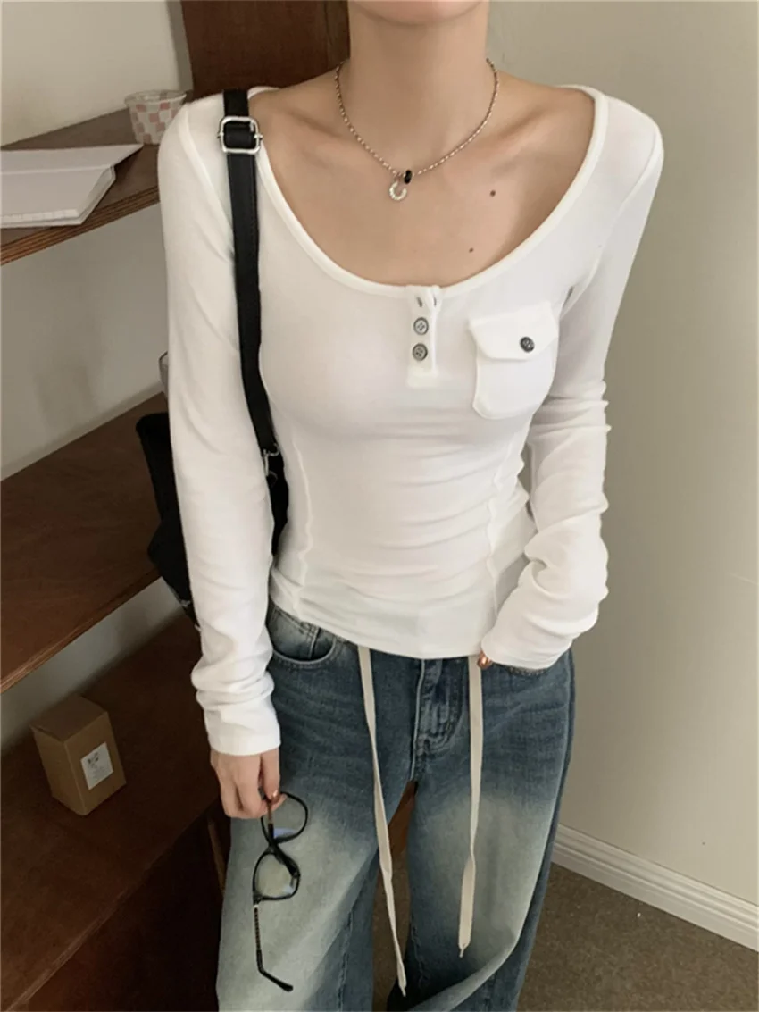 

Alien Kitty White Tees Solid New Skinny Full Sleeve Comfortable All Match 2023 Slim Office Lady Autumn Minimalist T-Shirts