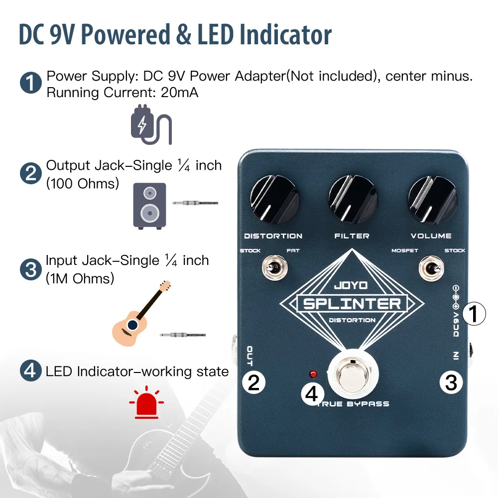 JF-21 SPLINTER Distortion Guitar Pedal Warm and Dynamic Fuzz Distortion Effects