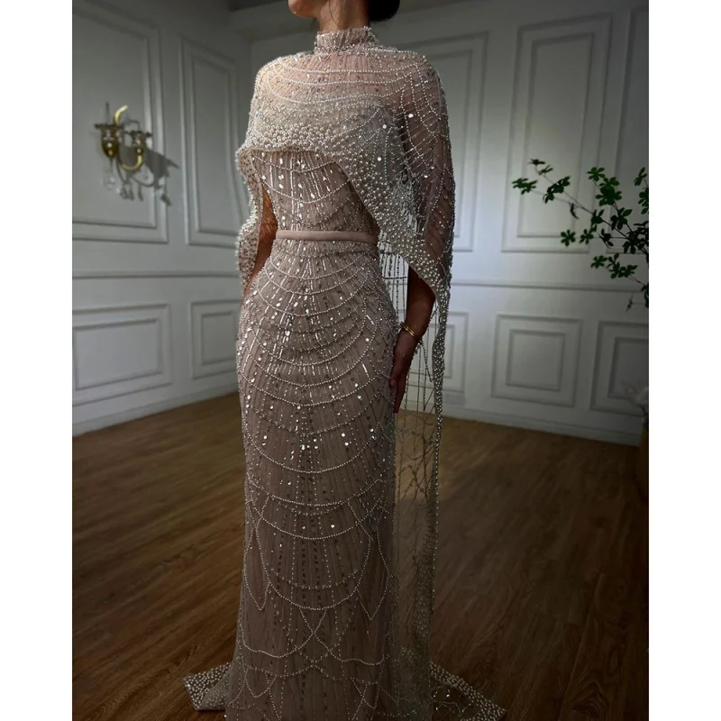 

Dubai Arabia Nude Mermaid Long Cape Elegant Evening Dresses 2023 Wedding Party Gowns For Women