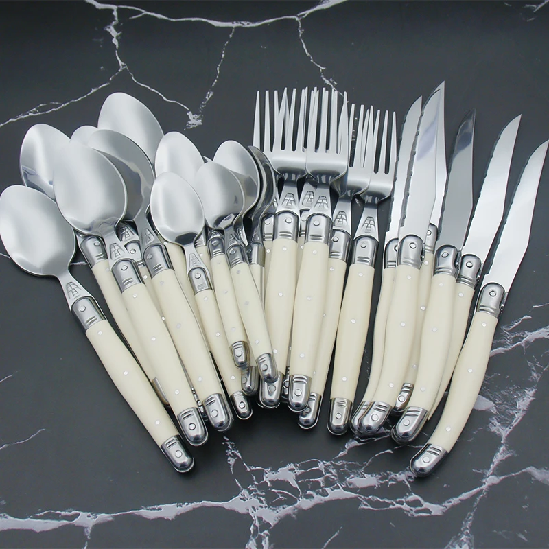 Description Picture 4 of item4/6/24pcs Ivory White Silverware Laguiole Stainless Steel Steak Knives Table Forks Dinner Spoons Dessert Teaspoon Xmas Cutlery