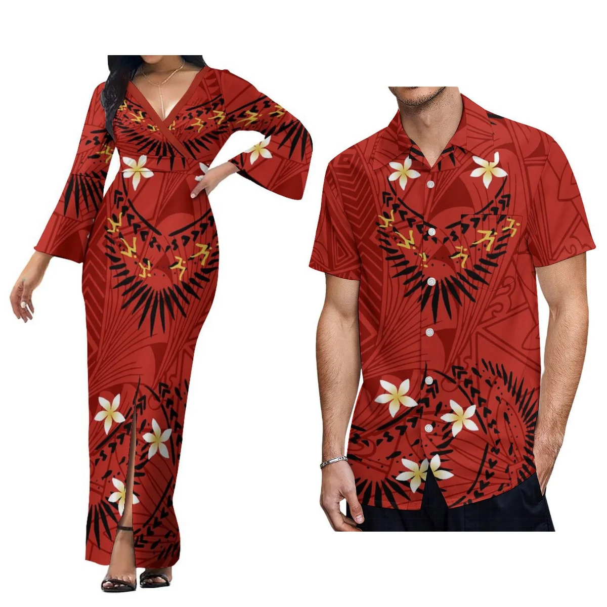 

Samoa Women'S V-Neck Dress Sexy Long Sleeve Evening Gown Polynesian Tribe Custom Men'S Aloha Shirt Matching Couple Suit