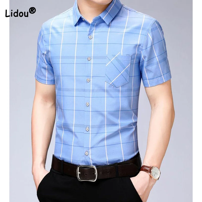 Male Clothes Fashion Casual Polo-Neck Button Shirt Summer New Business Office Trend Short Sleeve Plaid Printed Shirt for Men