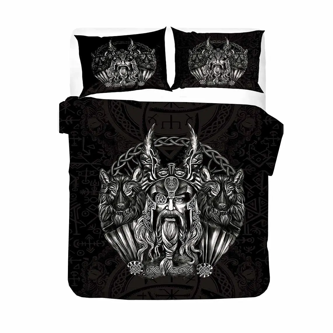 Viking Vintage King Queen Duvet Cover Norse Myth Bedding Set Medieval Folklore Totem Quilt Cover Grey Polyester Comforter Cover - Image 2