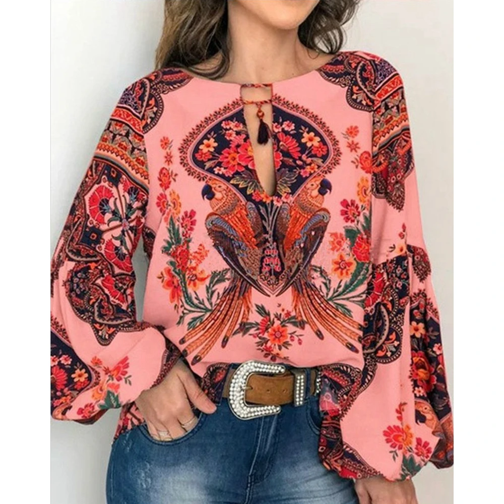 

Women Floral Ethnic Print Tassel Design Top V Cutout Lantern Sleeve Blouse Spring Fashion Summer Femme Casual Shirts Streetwear