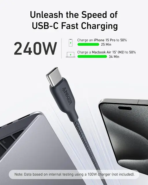 Anker USB C to C Cable (240W, 3 ft), Bio-Braided Fast Charge Cable for iPhone 15/15 Pro, MacBook Pro 2020, iPad Pro 2020 2