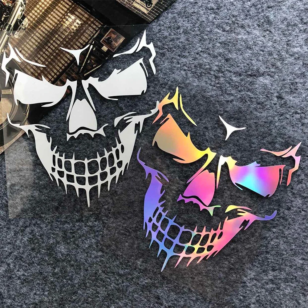 Skull Head Reflective Motorcycle Stickers – Laser Rainbow Decals for Helmet, Scooter, Bike Body & Windshield 6