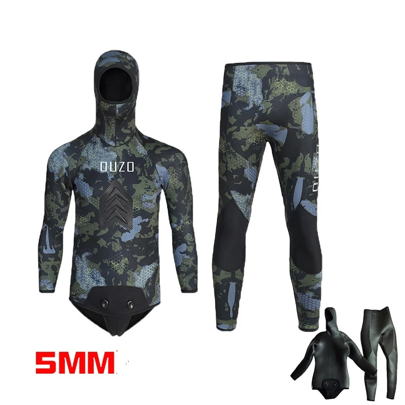 

5MM Men Neoprene Spearfishing Keep Warm Snorkeling Kayaking Swim Diving Suit Hooded Scuba Two Pieces UnderWater Hunting WetSuit