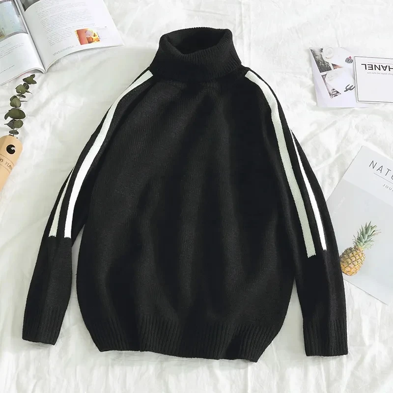 2024 New Spring And Autumn High Neck Striped Sweater For Men's Korean Banquet Travel Loose Long Sleeved High Quality Knitwear