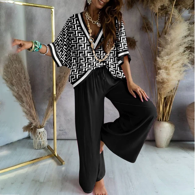 Pants Suit 2 Piece Set Women Fashion V Neck Long Sleeve Coat Top Long Pants  Suit White Black Outfits Casual Women Suits Clothing - AliExpress