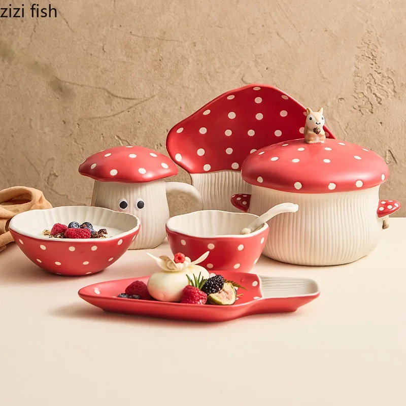 Mushroom Ceramic Tableware Mushroom Rice Bowl Noodles Bowl Soup Pot Flat Plate Sushi Plate Mug Spoon Kitchen Tableware