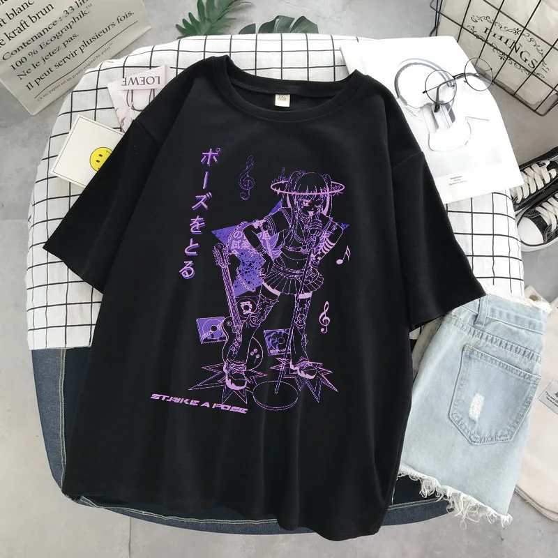 Camisetas femininas grandes kawaii, estampa de música haruku, camiseta curta gótica, manga curta, camiseta feminina preta para mulheres 379_voghion.com