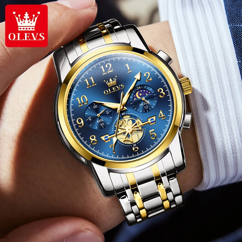 OLEVS Brand Moon Phase Men Watches Stainless Steel Waterpoof Luminous Fashion Skeleton Chronograph Quartz Wristwatch for Men NEW