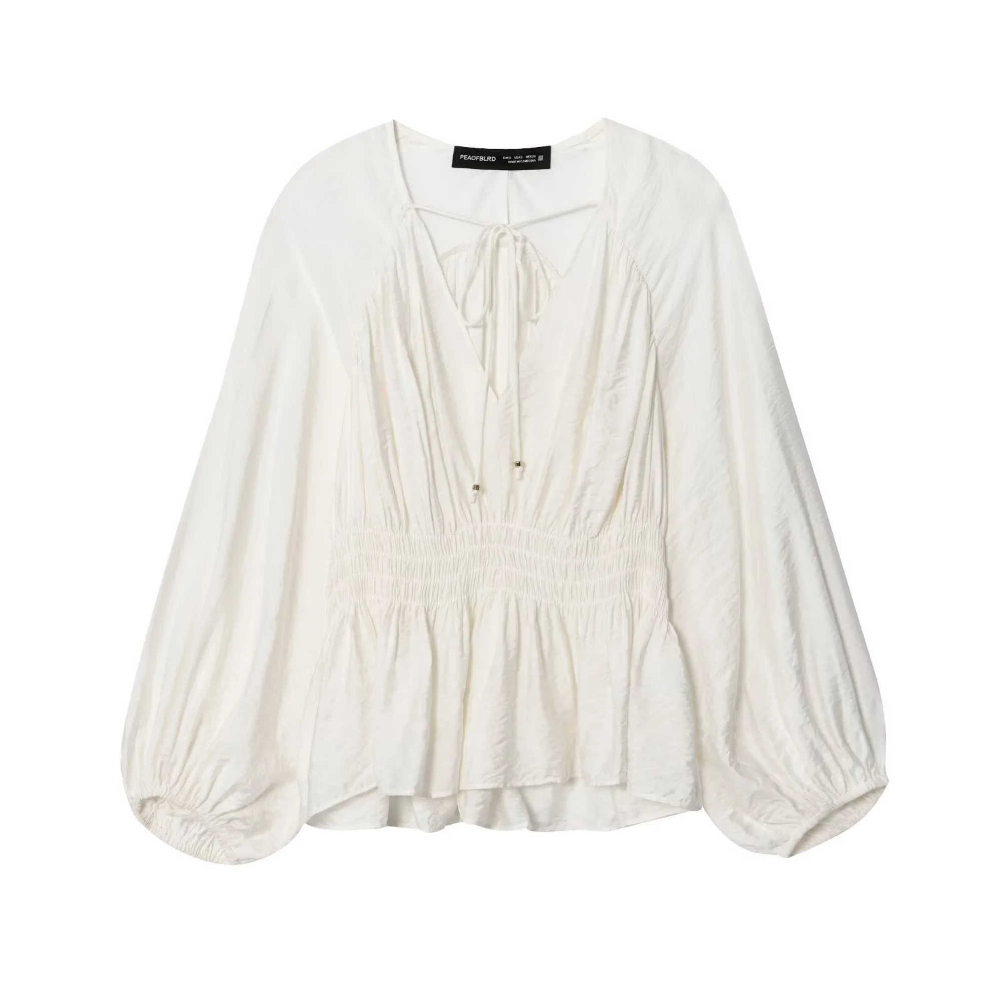 2025 Autumn Women's Casual Fashion Simple Blouse Temperament Versatile V-Neck Drawstring Design Pleated Long Sleeves Shirt Top