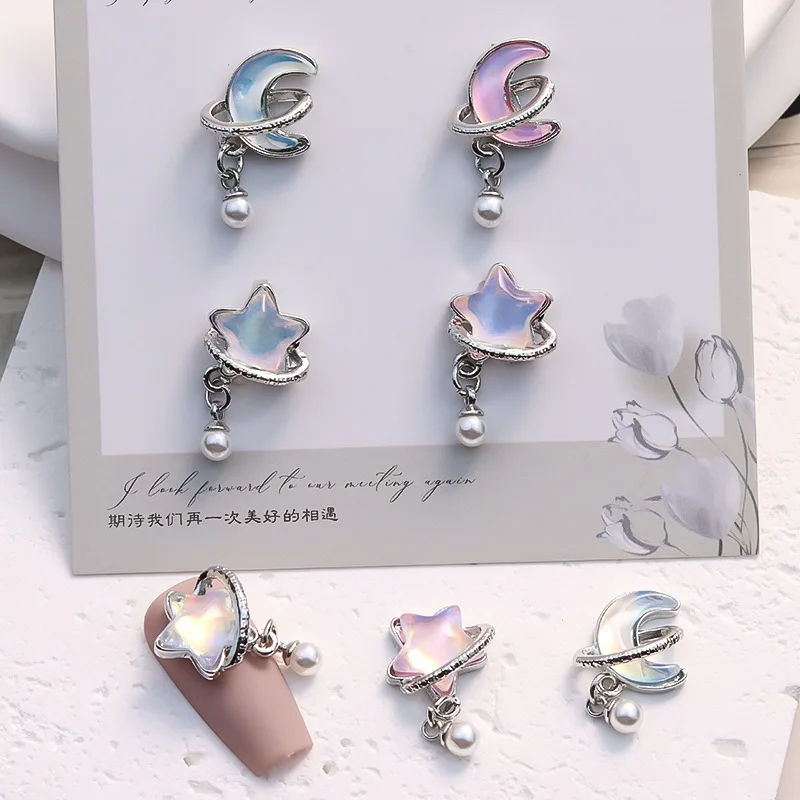 럭셔리 합금 네일 아트 달 별 참 라인석 진주 펜던트 액세서리 부품, 매니큐어 네일 장식 용품, 신제품, 10 개