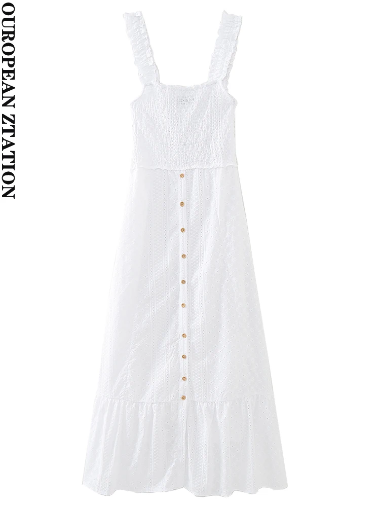 

PAILETE Women 2023 fashion with ruffled embroidery midi dress vintage backless elastic waist wide straps female dresses vestidos