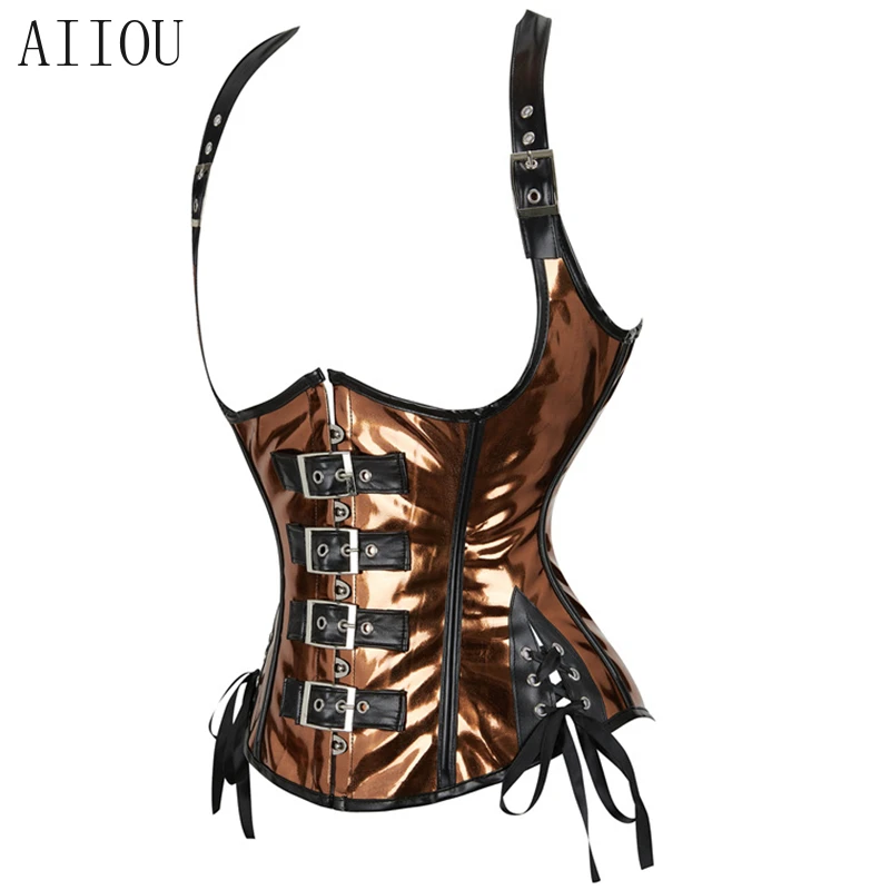 

AIIOU Classic Gothic Corset Vintage Faux Leather Glod Lace Up Bustiers Cross Straps Waist Trainer Bandage Slimming Shapewear