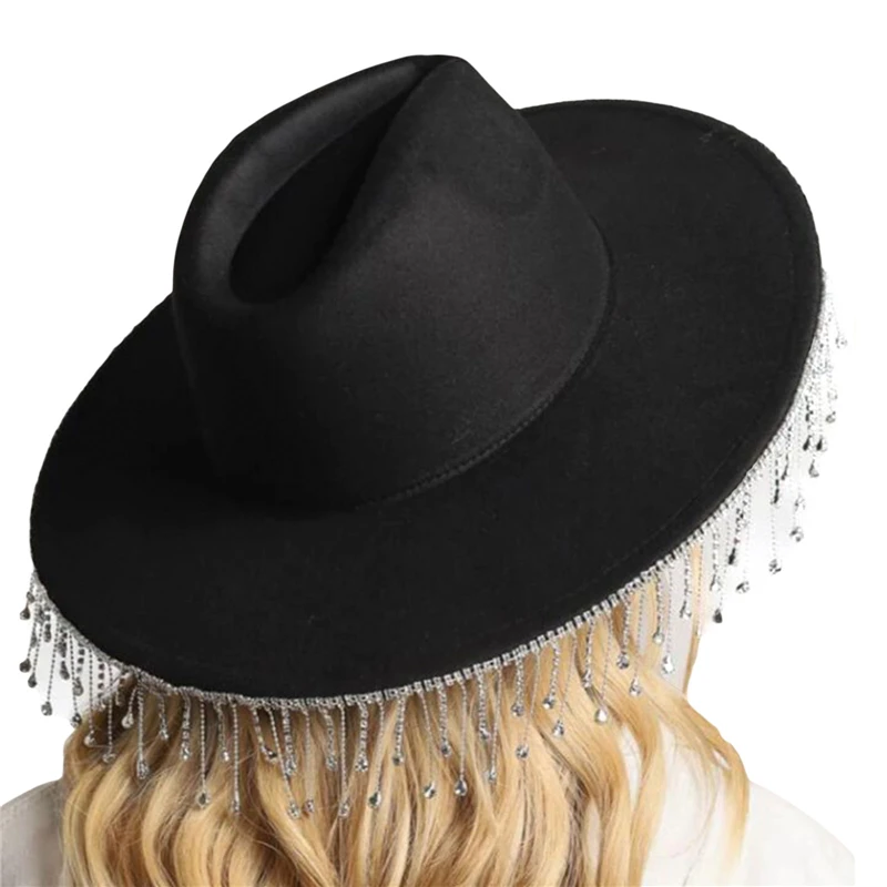 Lamuusaa Cowgirl Hats Women Western Aesthetic Wide Brim Rhinestone Tasseled Large Cap Party Clubwear Cottagecore Accessories