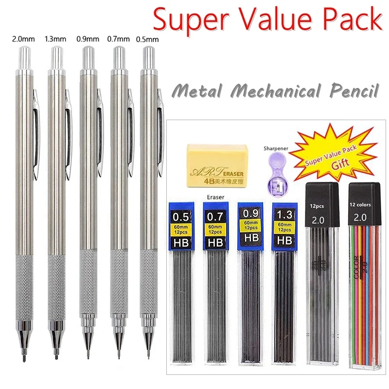 

0.5 0.7 0.9 1.3 2.0mm Mechanical Pencil Set Art Automatic Metal Drafting Pencils Drawing Sketching with Leads Office School Gift