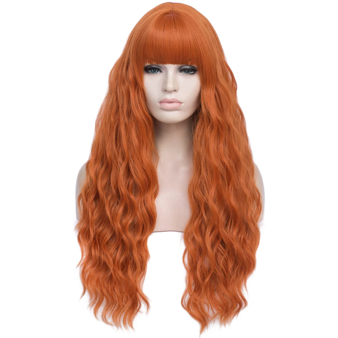 Long Orange Synthetic Cosplay Wigs for White Women Halloween Hollywood Party with Bangs Lolita Daily Blonde Pink Hair