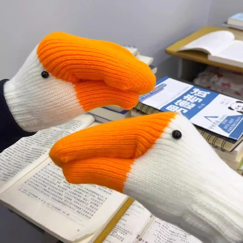 New Women's Knitted Goose Finger Gloves for Autumn and Winter Warmth, Thick Velvet for Cold Protection, Cute and  Funny