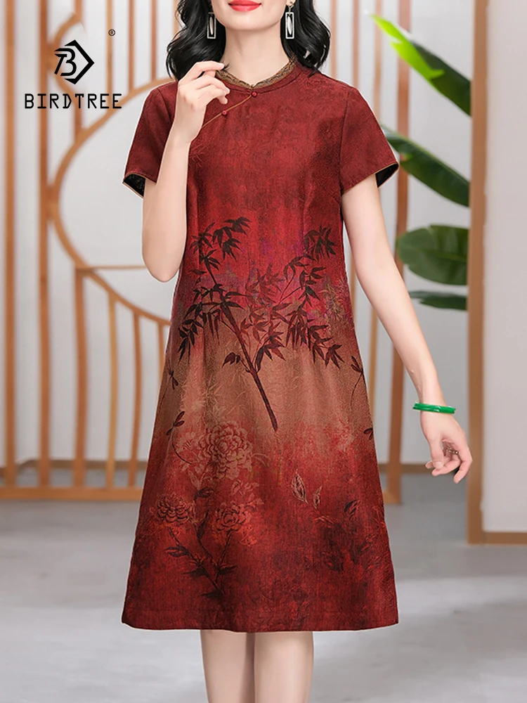 

BirdTree, 100%Real Silk Watered Gazue Elegant Dresses, Women Short Sleeve Printed , OL Retro Commute Dress, 2024 Summer D44018QC