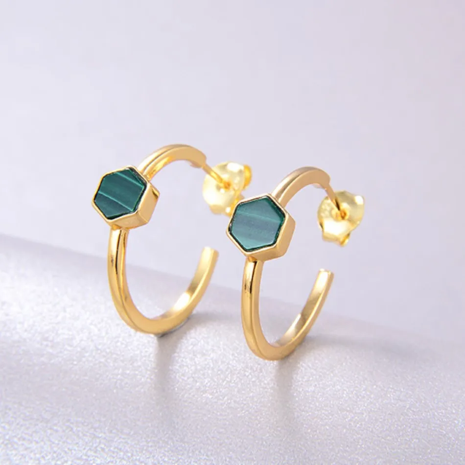 

Fine jewelry gemstone natural malachite earrings 925 silver jewelry 18k gold earring hoop for women