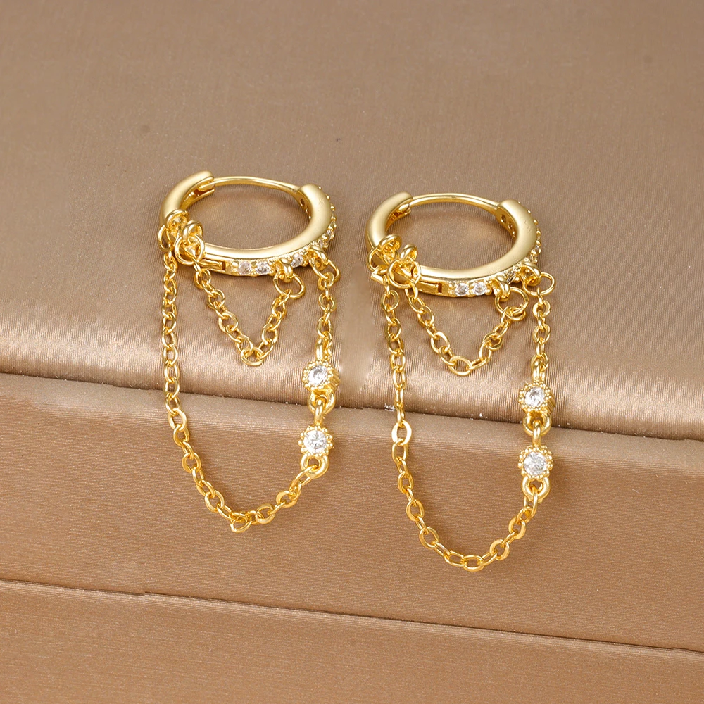 Double Chains Long Tassel Drop Earrings for Women Korean Stainless Steel Zircon Hanging Earring Piercing Jewelry